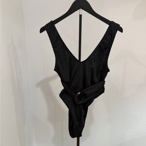 Beach Riot Black Ribbed V-Back One-Piece with Belted Waist